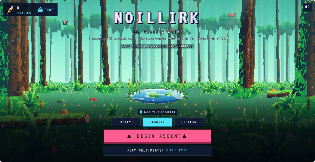Noillirk start screen: a pixel-art forest pond with Daily, Classic and Endless modes and a Begin Ascent button